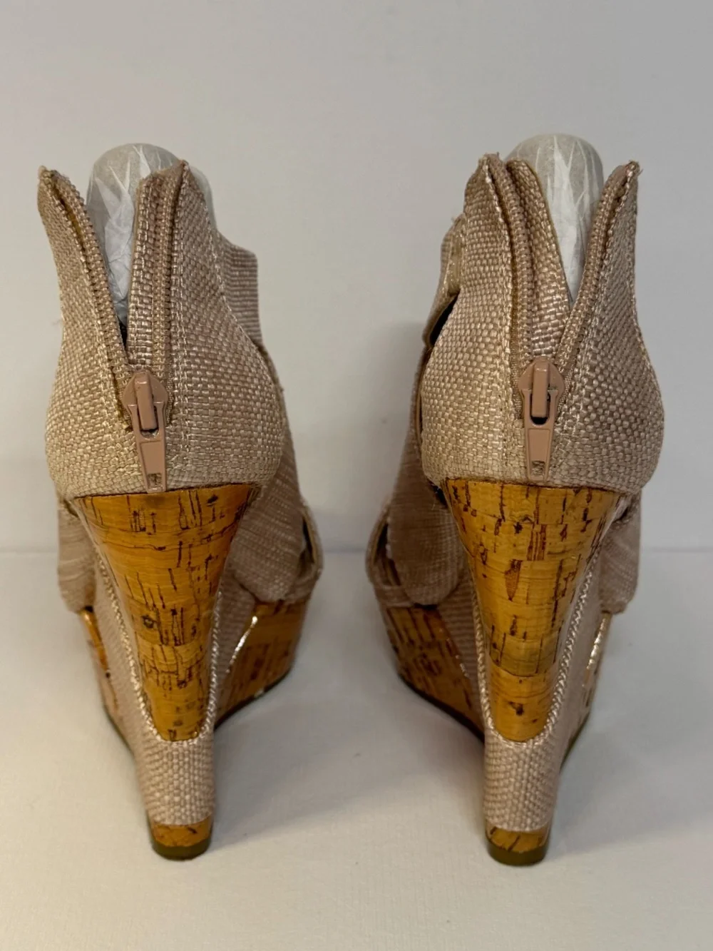 BCBGeneration Gold Linen Raffia Cork Wedge Sandals Size 6B